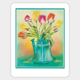 Lovely fresh colorful tulips in an vintage watering can, water color Sticker